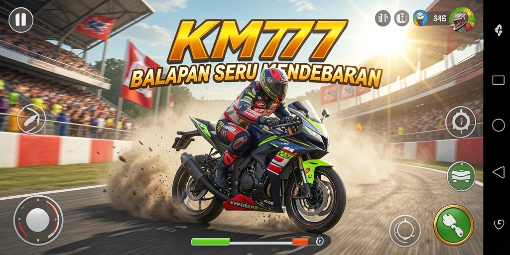 Screenshot gameplay KM777 dengan balapan motor yang mendebarkan.