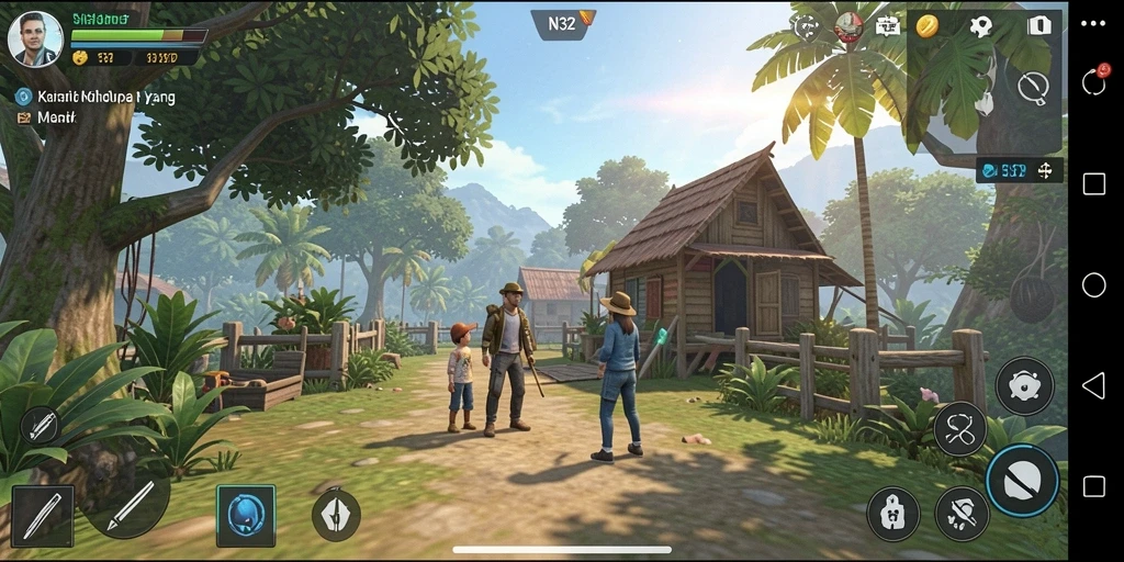 Screenshot menampilkan karakter sedang berkebun dan berinteraksi dalam N32.